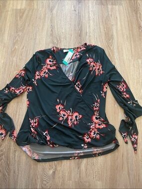 Wrap-Front Long Sleeve Top - Black with Red Floral